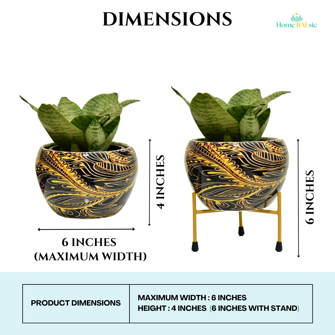 Black & Golden Abstract Indoor Metal Planter With Metal Stand | Home & Garden | 6 Inches