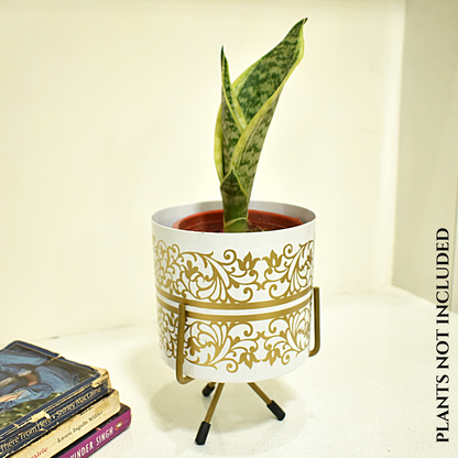 White & Golden Floral Print Metal Pot With Metal Stand | Home & Garden | 5 Inches