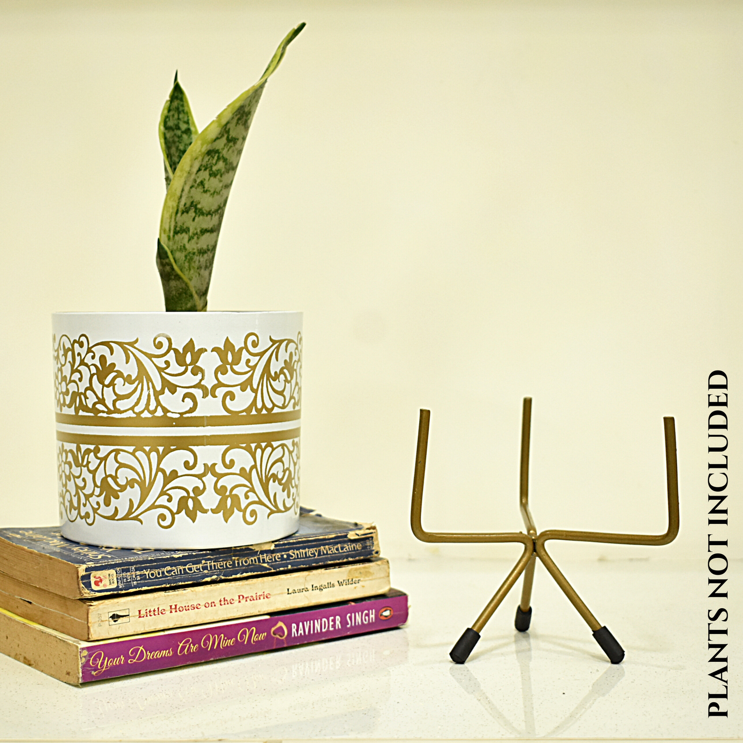 White & Golden Floral Print Metal Pot With Metal Stand | Home & Garden | 5 Inches