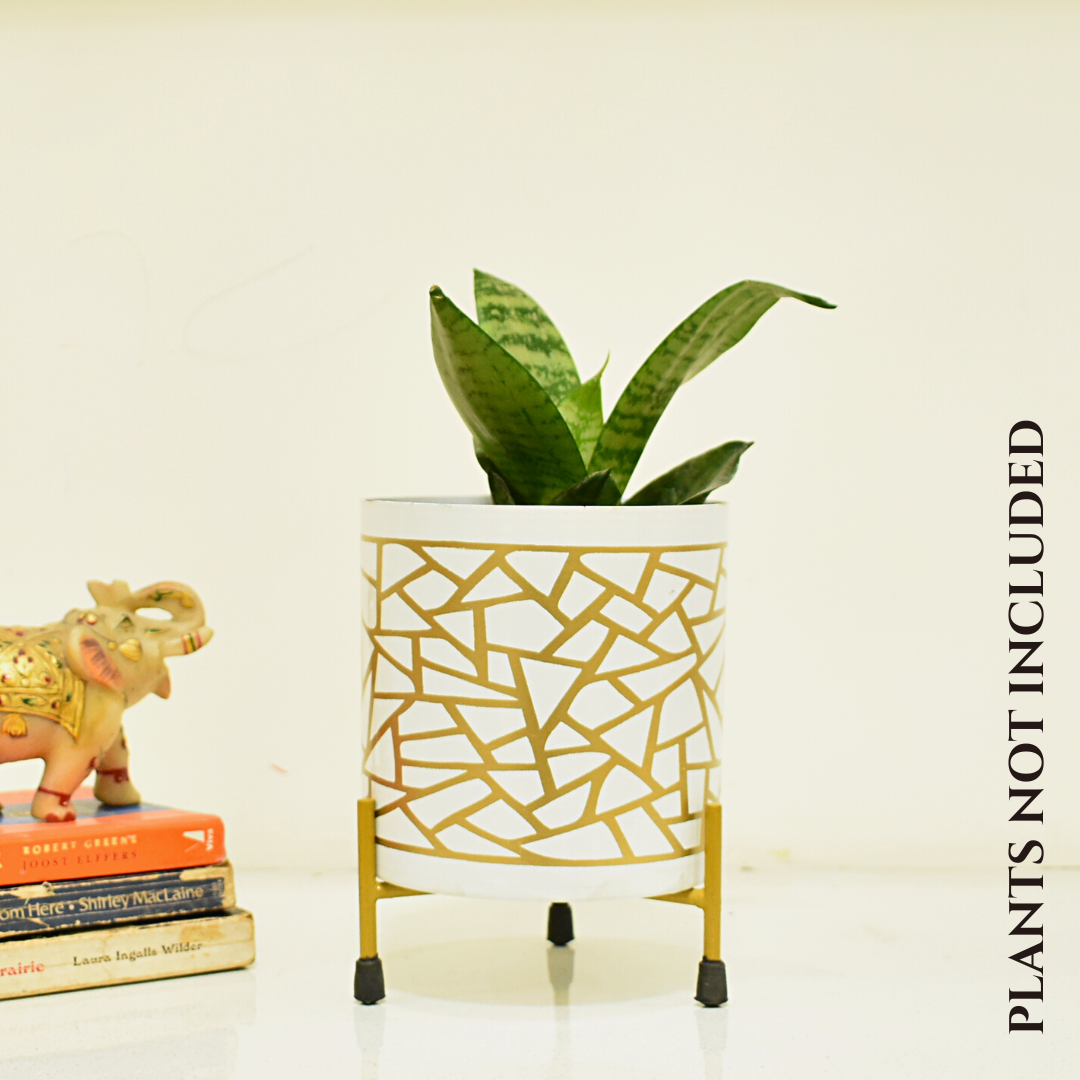 White & Golden Abstract Indoor Metal Planter With Metal Stand | Home & Garden | Home BAEsic | 5 Inches